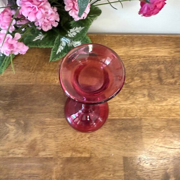 Vintage Handblown Cranberry Glass Vase Long Neck Round Base Art Glass Decor - Picture 4 of 6